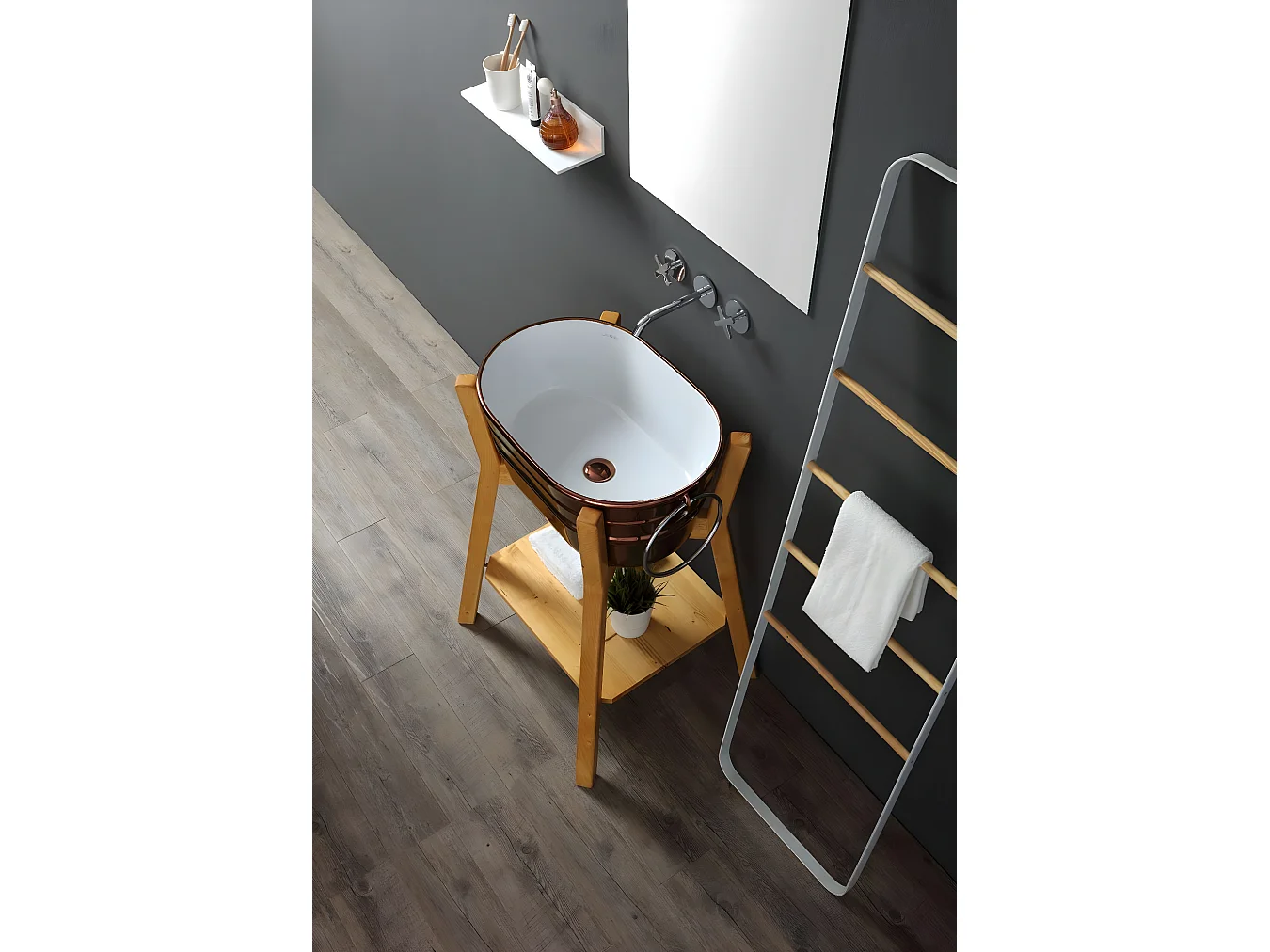 Aufsatzwaschtisch cm 60x40xH25 Tinozza glänzend kupfer mit handtuchhalter