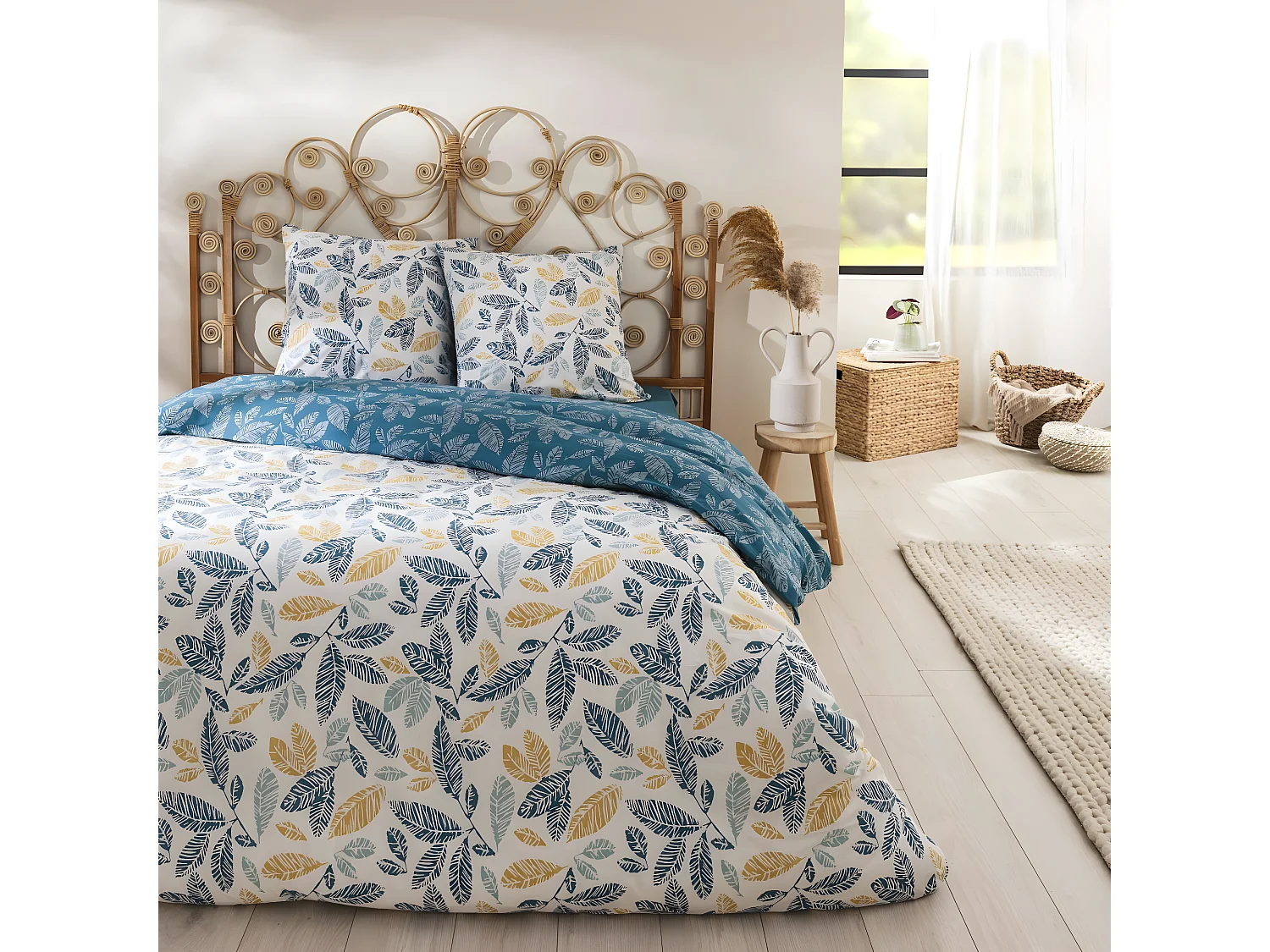 Parure de lit 2 personnes en coton 57 fils imprimé bleu 260x240cm