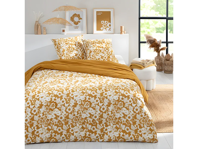 Parure de lit 2 personnes en coton 57 fils imprimé miel 240x220cm