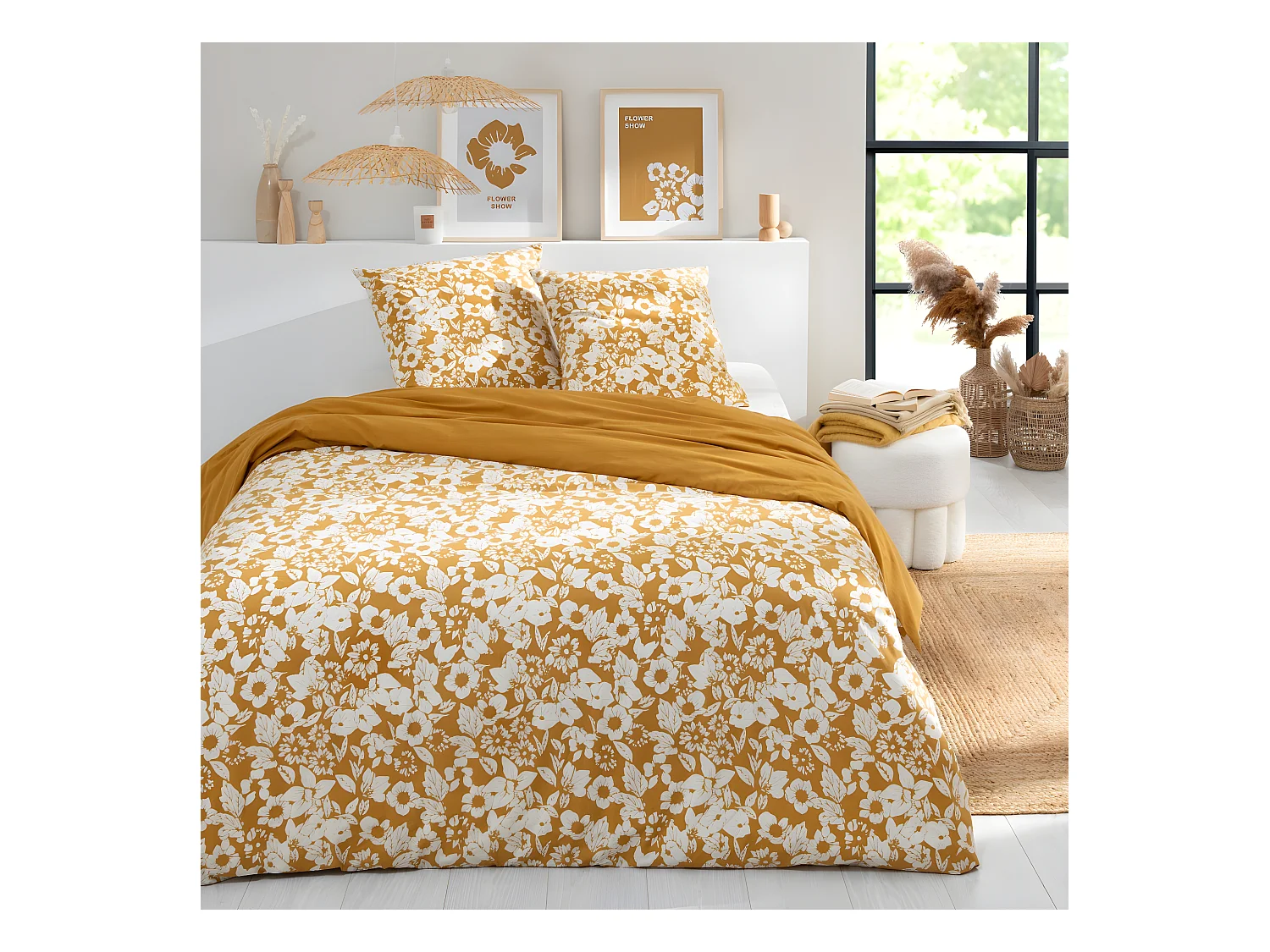 Parure de lit 2 personnes en coton 57 fils imprimé miel 240x220cm