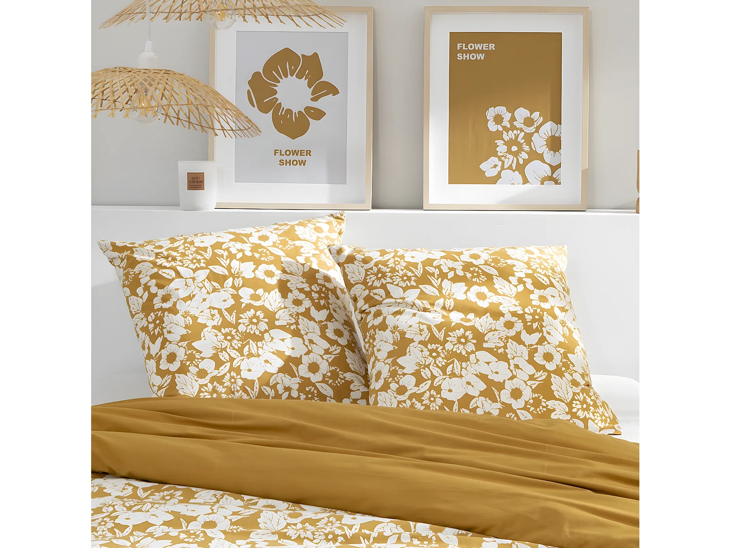 Parure de lit 2 personnes en coton 57 fils imprimé miel 240x220cm