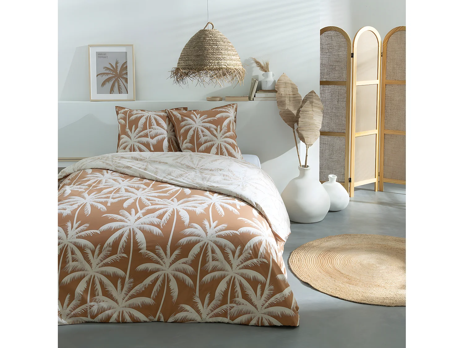 Parure de lit 2 personnes en coton 57 fils imprimé camel 260x240cm