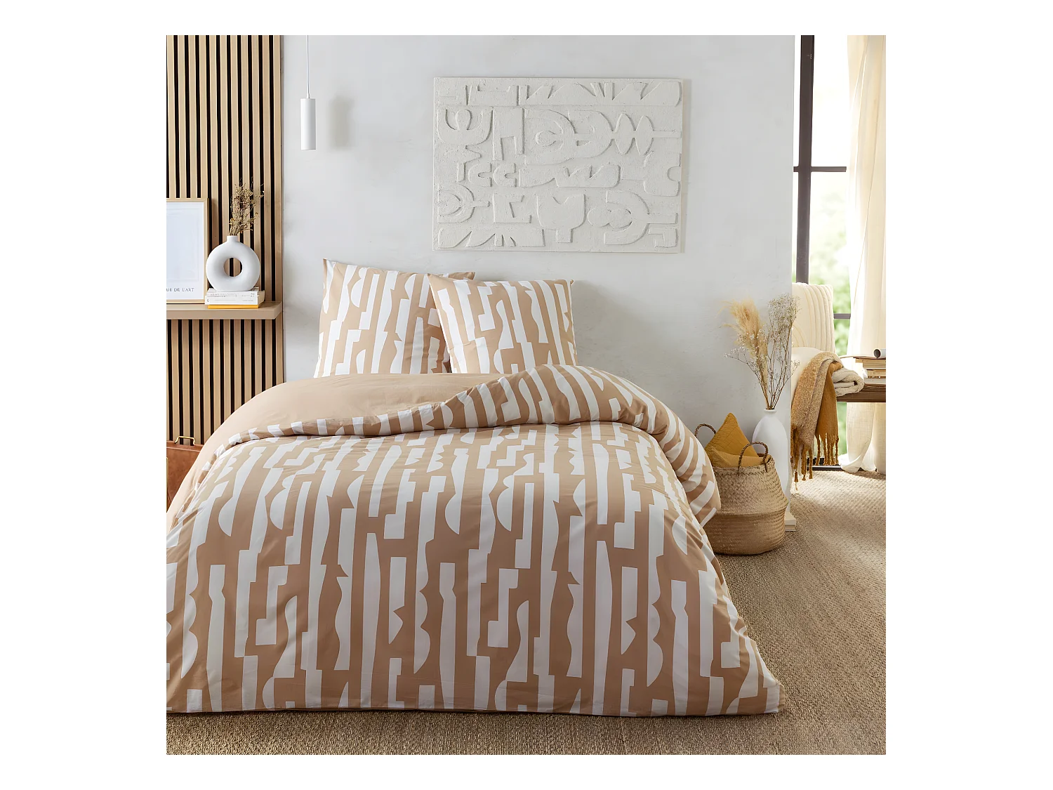 Parure de lit 2 personnes en coton 57 fils imprimé camel 260x240cm