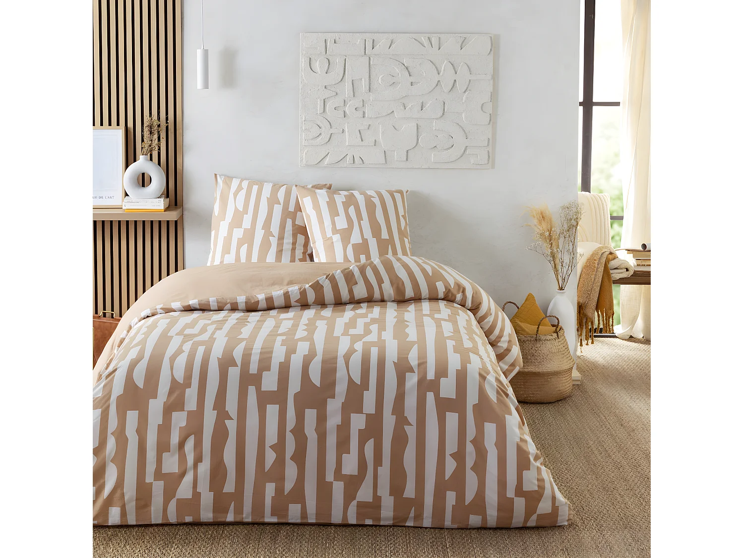 Parure de lit 2 personnes en coton 57 fils imprimé camel 260x240cm