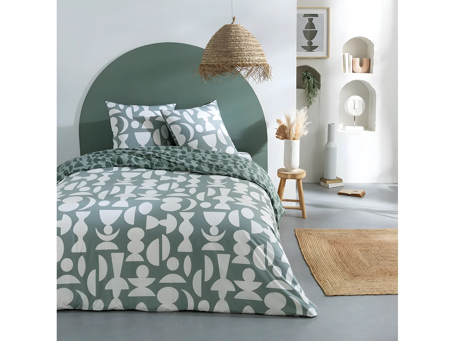 Parure de lit 2 personnes en coton 57 fils imprimé vert 240x220cm