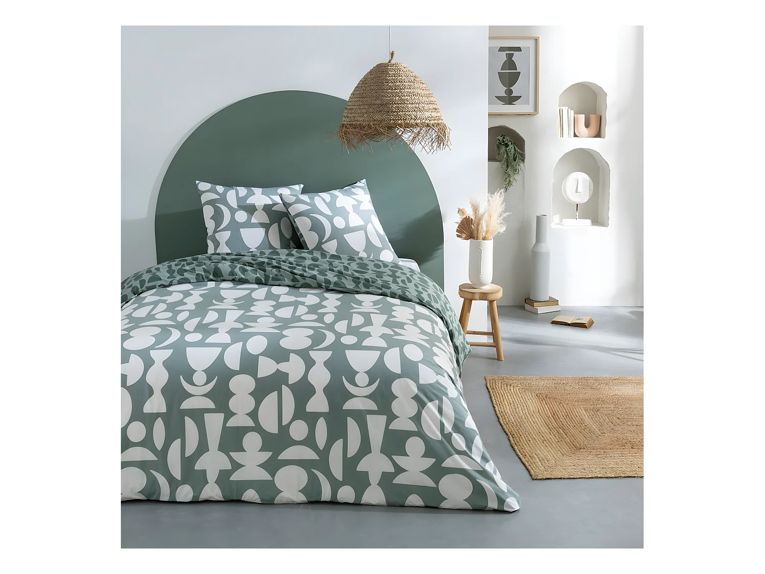 Parure de lit 2 personnes en coton 57 fils imprimé vert 240x220cm