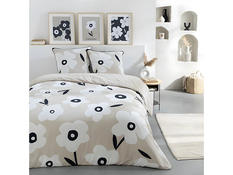 Parure de lit 2 personnes en coton 57 fils imprimé beige 260x240cm