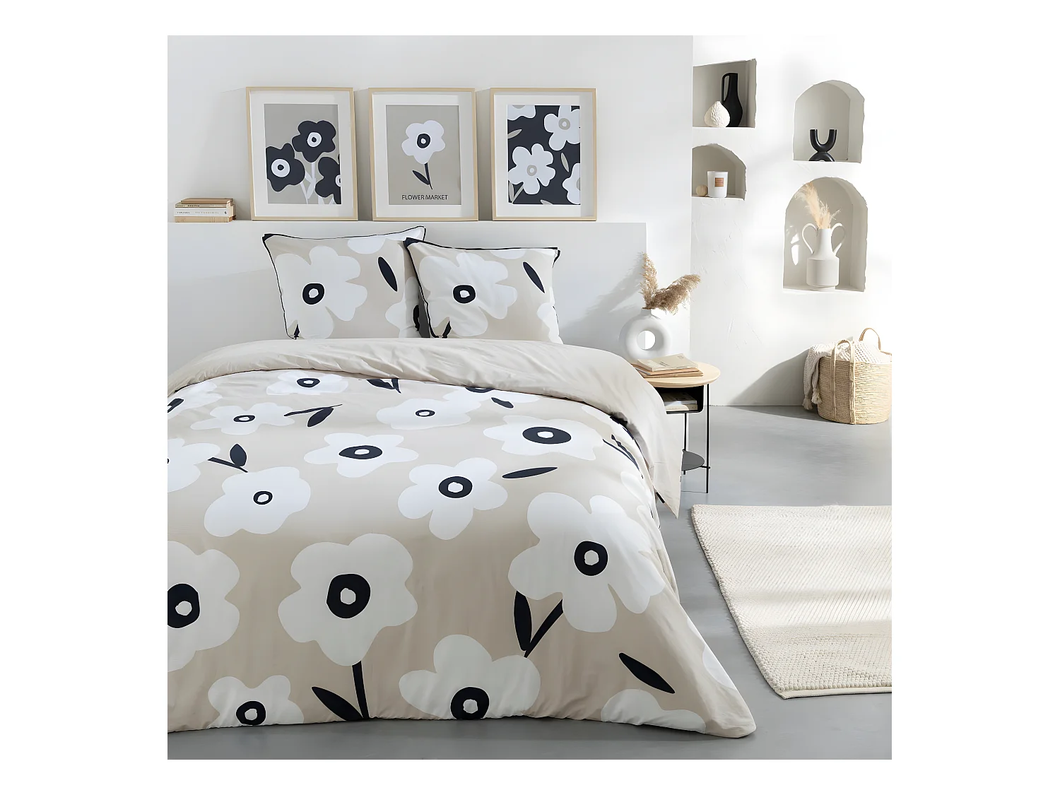 Parure de lit 2 personnes en coton 57 fils imprimé beige 260x240cm