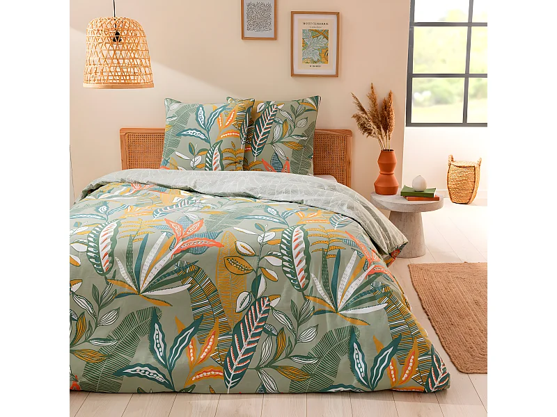 Parure de lit 2 personnes en coton 57 fils imprimé vert 260x240cm