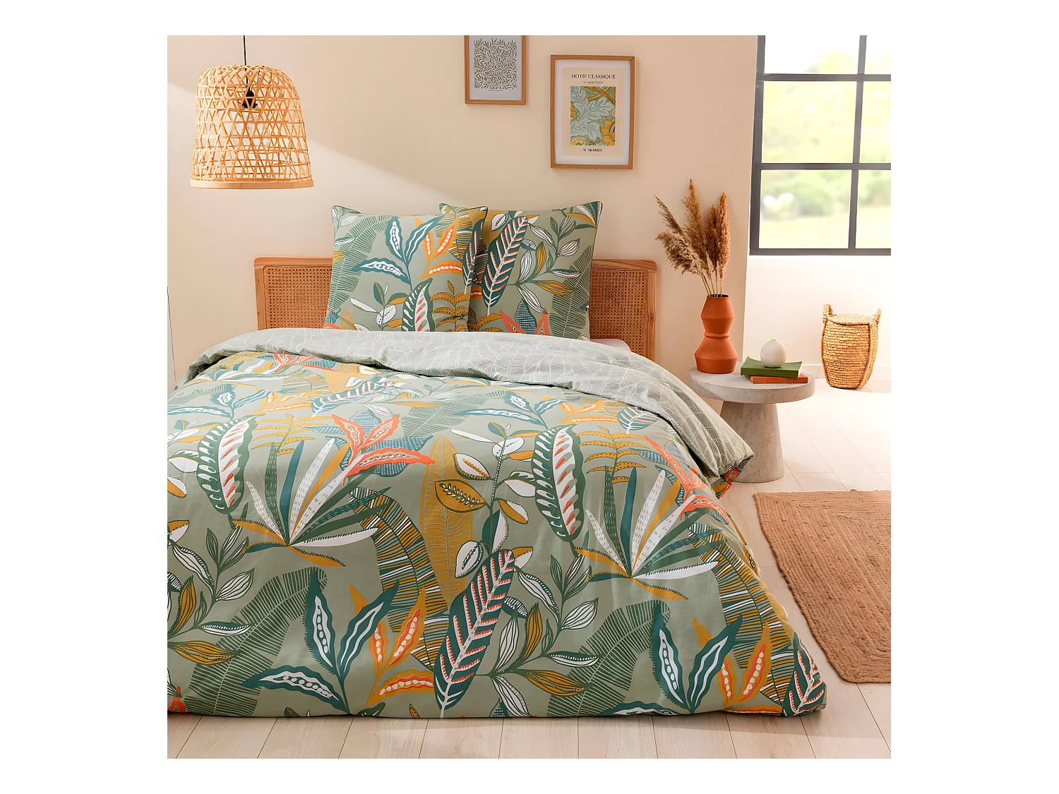 Parure de lit 2 personnes en coton 57 fils imprimé vert 260x240cm