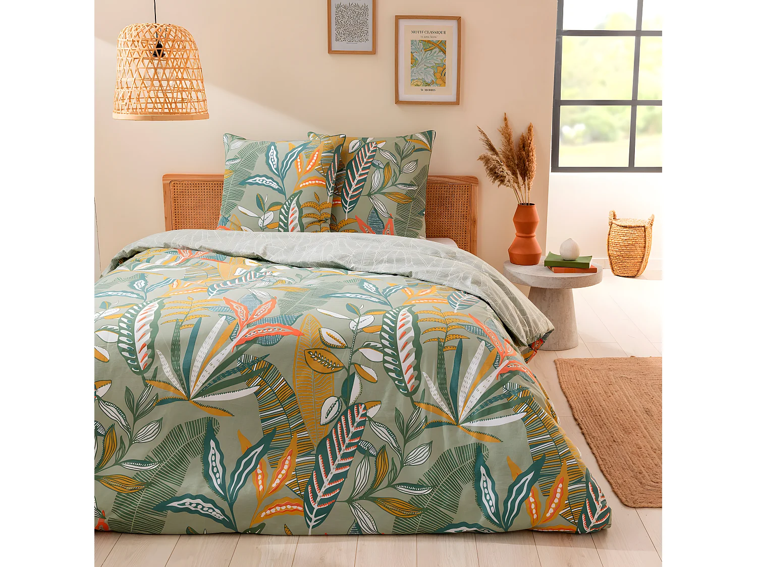 Parure de lit 2 personnes en coton 57 fils imprimé vert 260x240cm