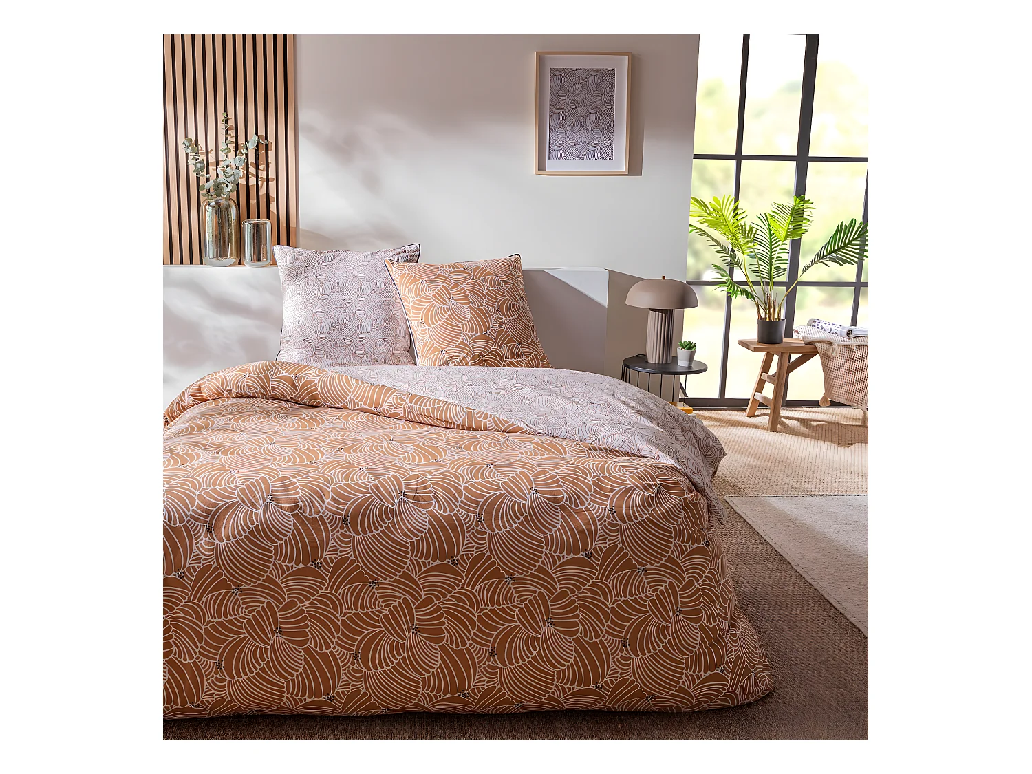 Parure de lit 2 personnes en coton 57 fils imprimé camel 240x220cm