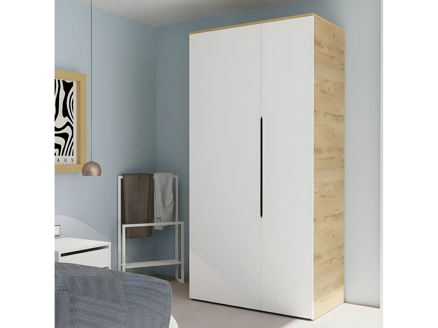 Armoire, placard coloris chêne doré, blanc - L.  100 x L. 57 x H. 200  cm