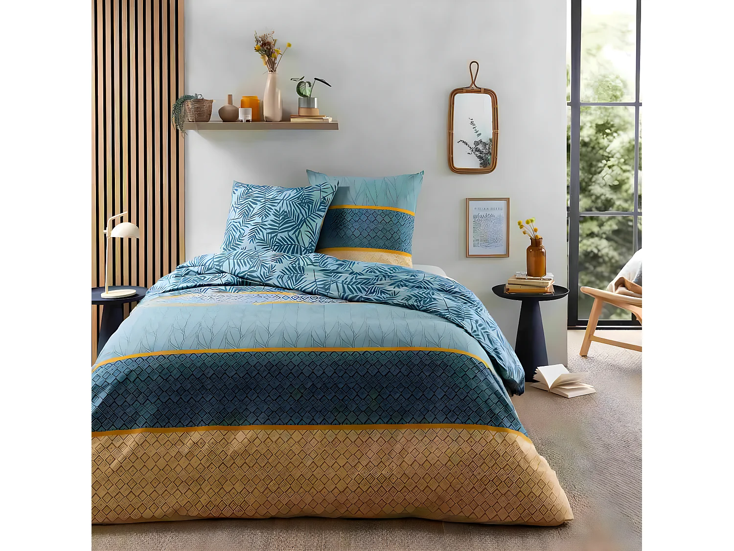 Parure de lit 2 personnes en coton 57 fils imprimé vert 240x220cm