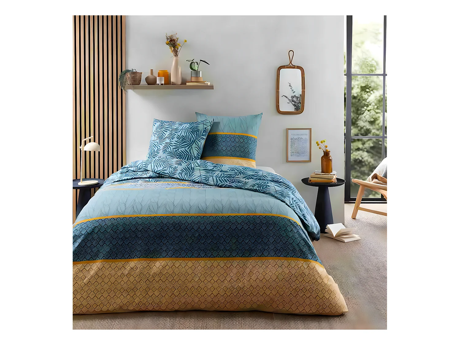 Parure de lit 2 personnes en coton 57 fils imprimé vert 240x220cm