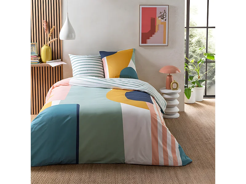 Parure de lit 2 personnes géométrique à rayures 240x220cm