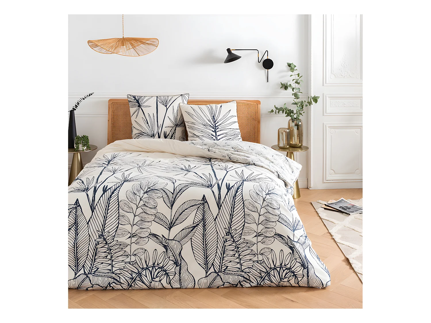 Parure de lit 2 personnes en coton 57 fils imprimé blanc 260x240cm