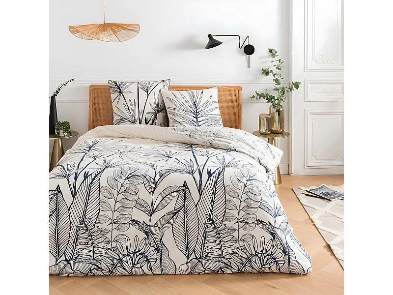 Parure de lit 2 personnes en coton 57 fils imprimé blanc 260x240cm
