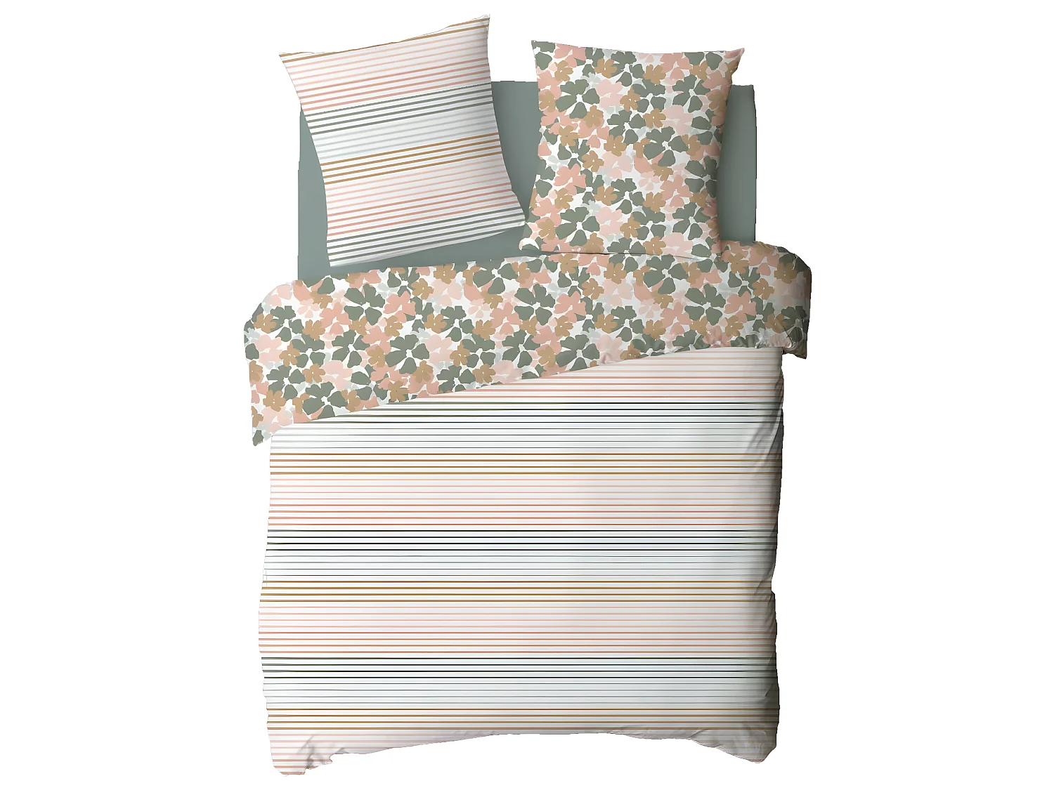 Parure de lit 2 personnes fleurie réversible rayures 240x220cm