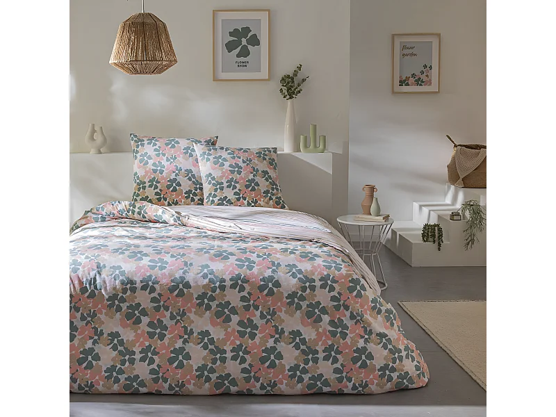 Parure de lit 2 personnes fleurie réversible rayures 240x220cm