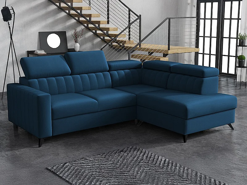 Canapé d'angle Columbus 202, Bleu, Fonction de couchage, Boîte de literie, 249x195x80cm