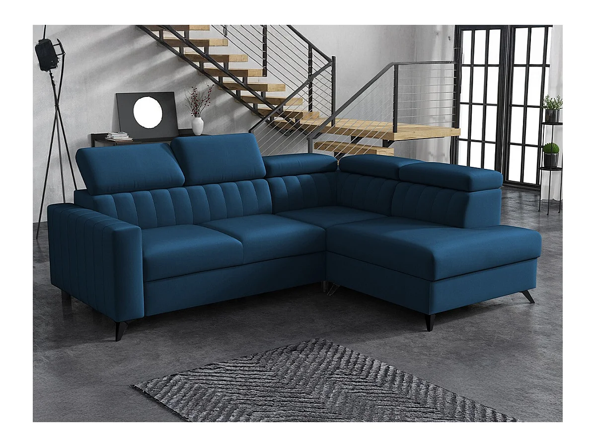 Canapé d'angle Columbus 202, Bleu, Fonction de couchage, Boîte de literie, 249x195x80cm