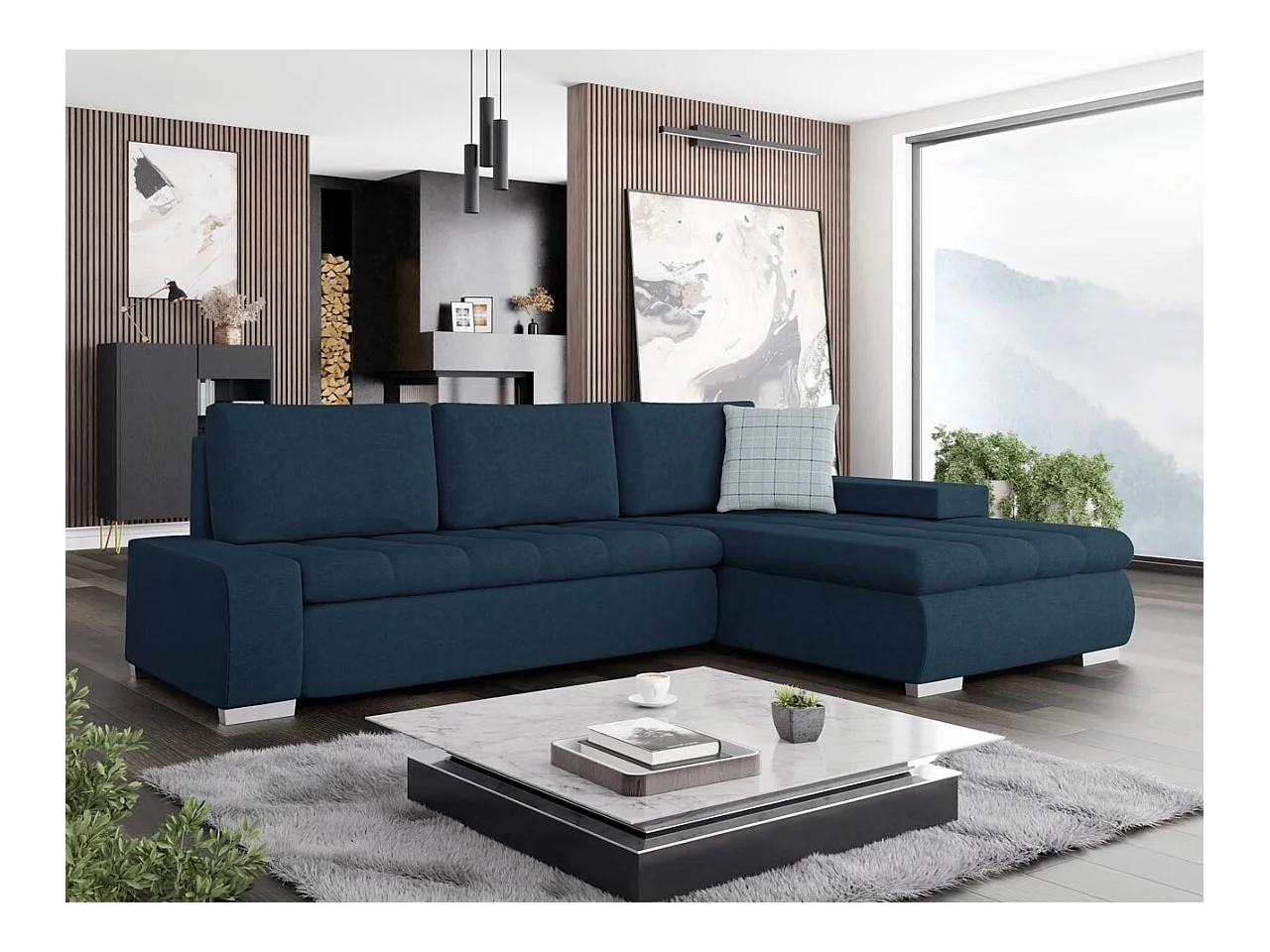 Canapé d'angle Comfivo 112, Bleu, Fonction de couchage, Boîte de literie, 265x185x85cm