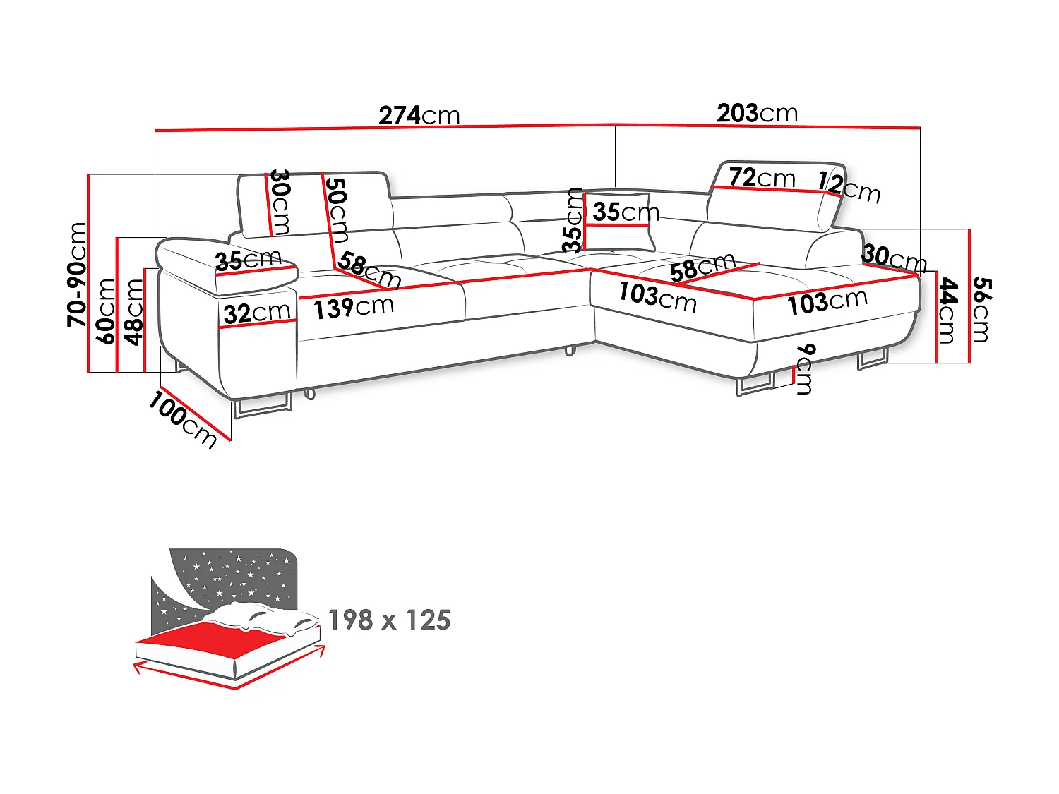 Ecksofa mit Schlaffunktion und Bettkasten - 274x203x70-90 cm - Manila 35 - Seite: Links - Torezio