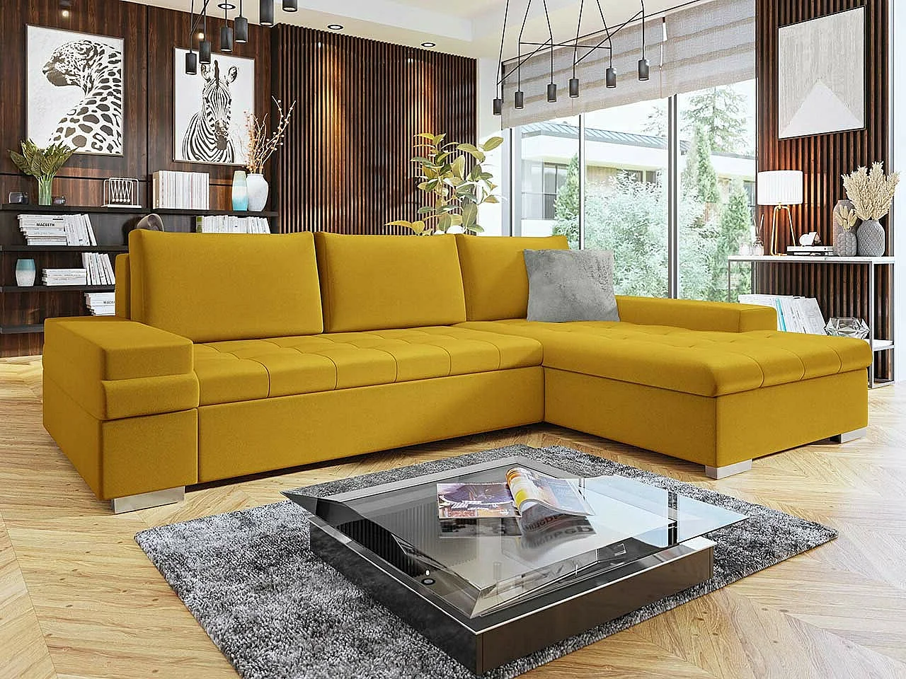 Canapé d'angle Comfivo 212, Jaune, Fonction de couchage, Boîte de literie, 274x182x83cm