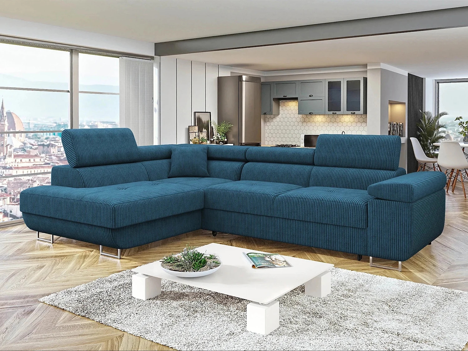 Canapé d'angle convertible 3 places en tissu bleu 274x203x70 cm