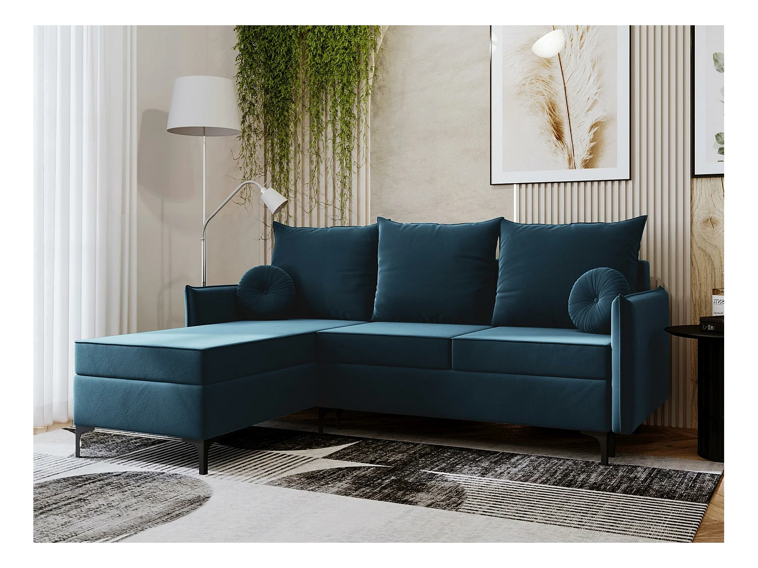Canapé d'angle Clovis 112, Bleu, Fonction de couchage, Boîte de literie, 213x168x101cm