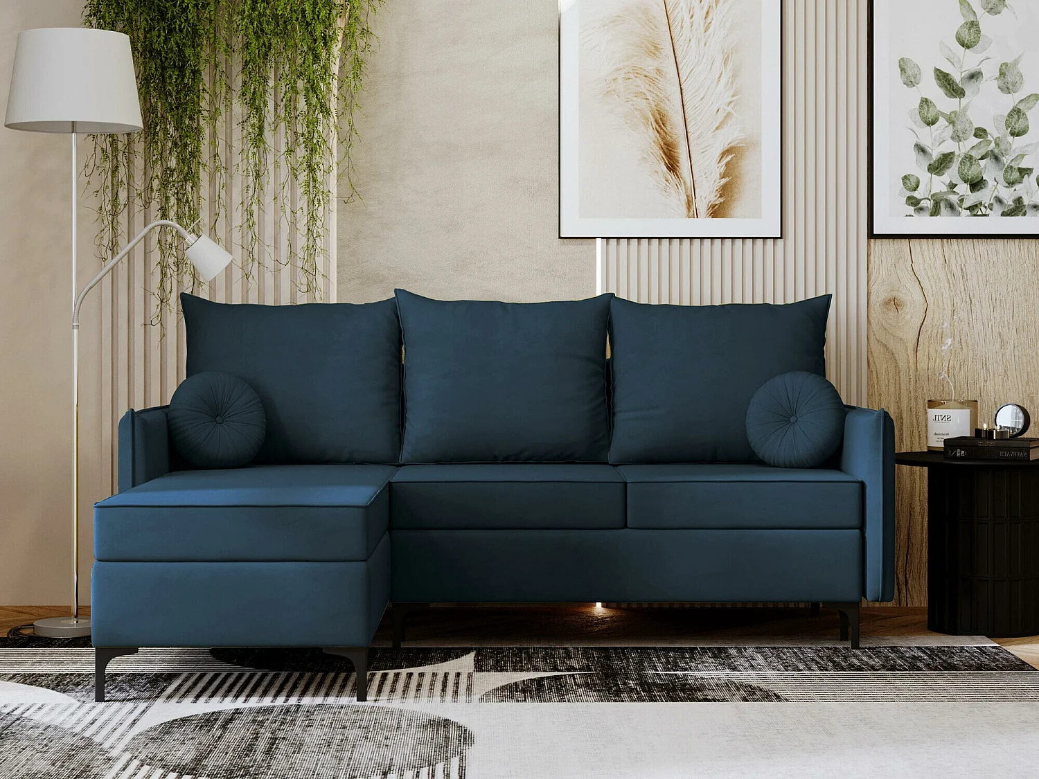 Canapé d'angle convertible 3 places en tissu bleu CLOVIS
