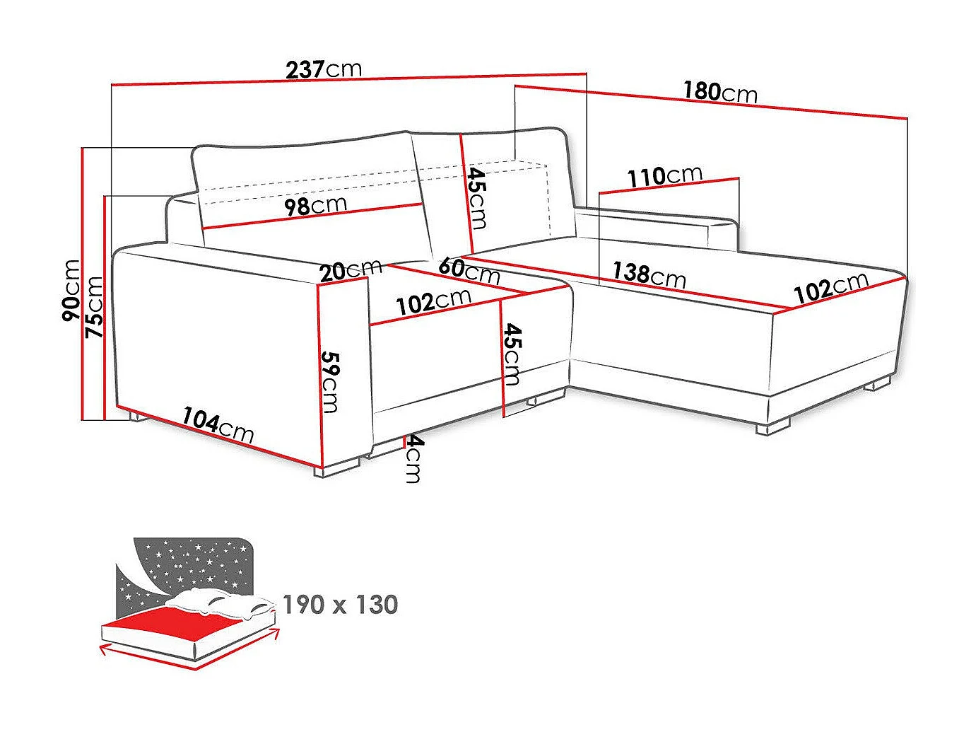 Sofá de canto Columbus 204, Cinzento, Funcionalidade de dormir