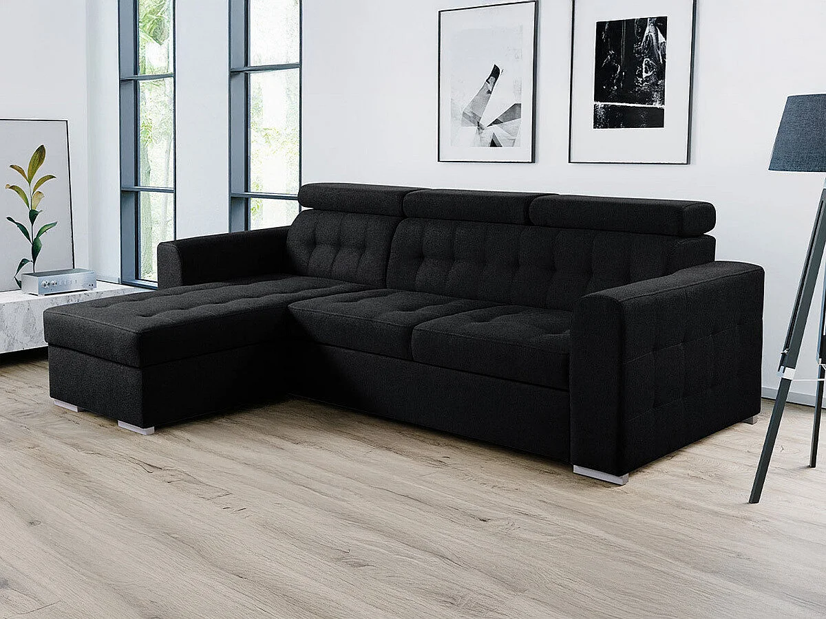 Sofá rinconero Temple 123, Negro, Función de descanso, Almacenaje, 265x175x87cm