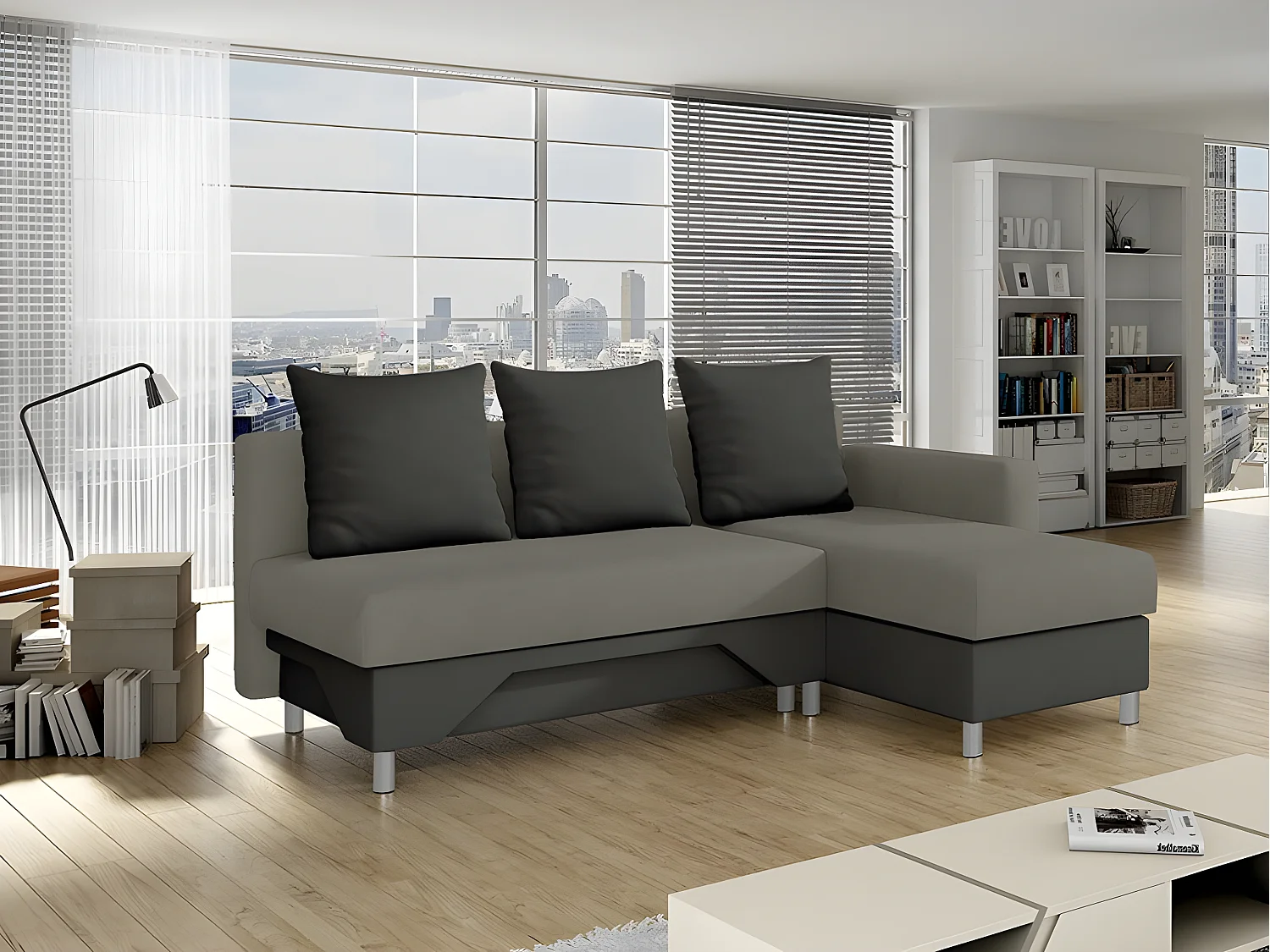 Canapé d'angle Akron 100, Gris, Fonction de couchage, Boîte de literie, 215x133x95cm