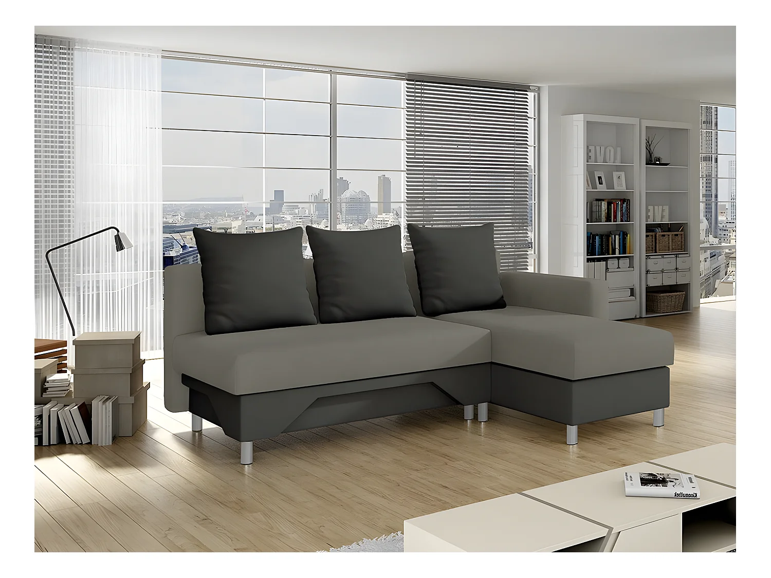 Canapé d'angle Akron 100, Gris, Fonction de couchage, Boîte de literie, 215x133x95cm