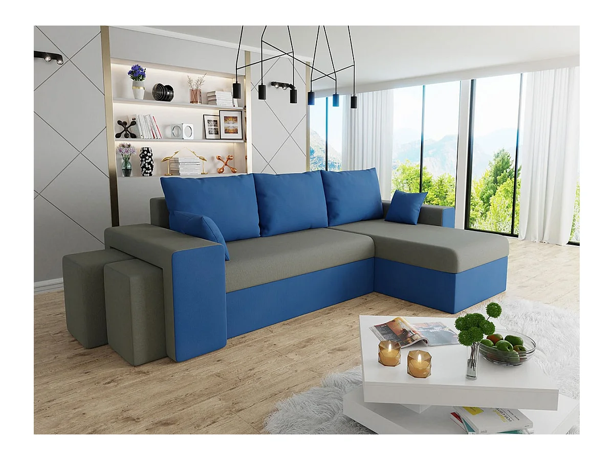 Canapé d'angle Memphis 124, Bleu, Fonction de couchage, Boîte de literie, 256x139x80cm