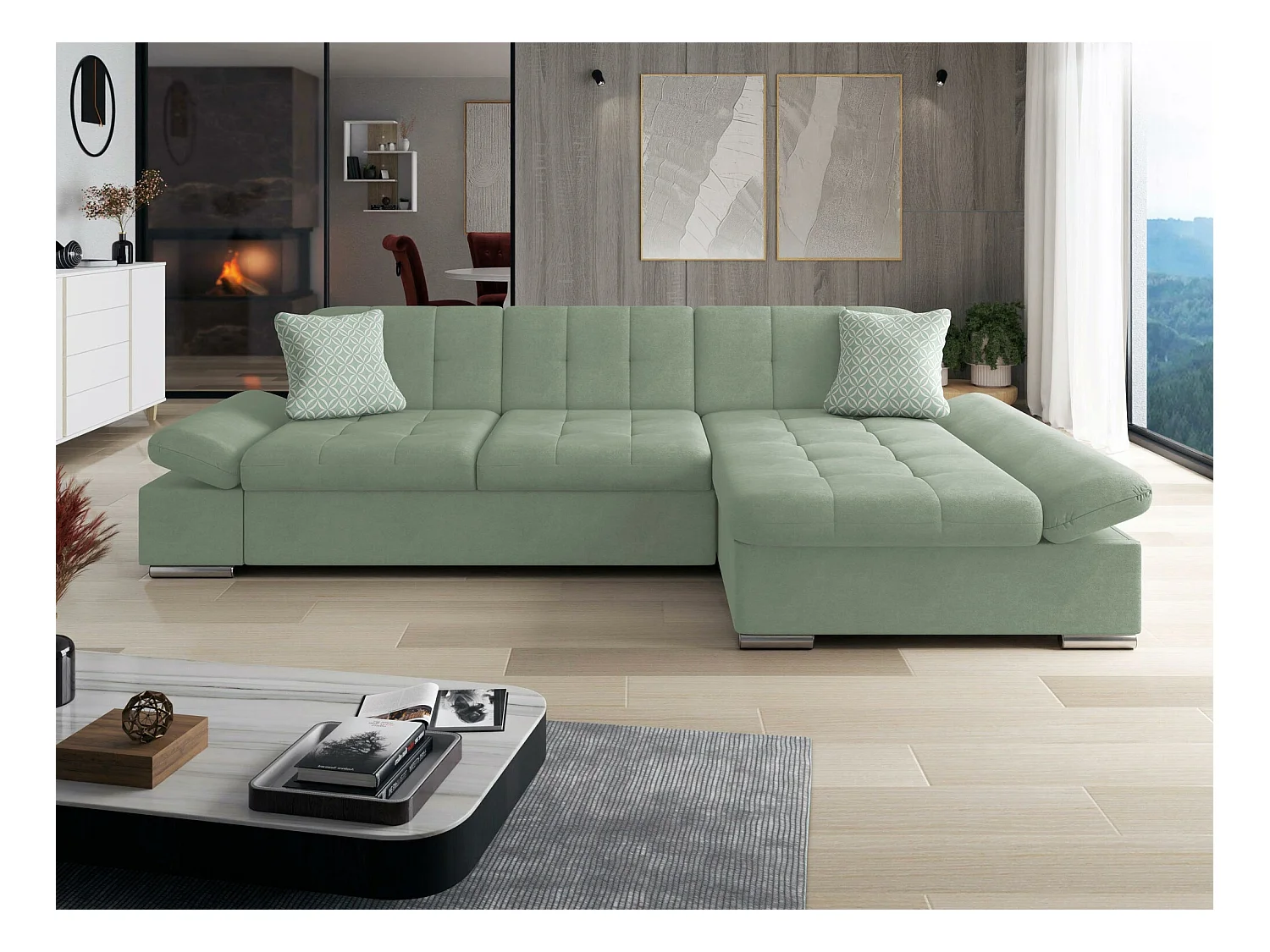 Canapé d'angle Comfivo 152, Vert, Fonction de couchage, Boîte de literie, 278x161x76cm