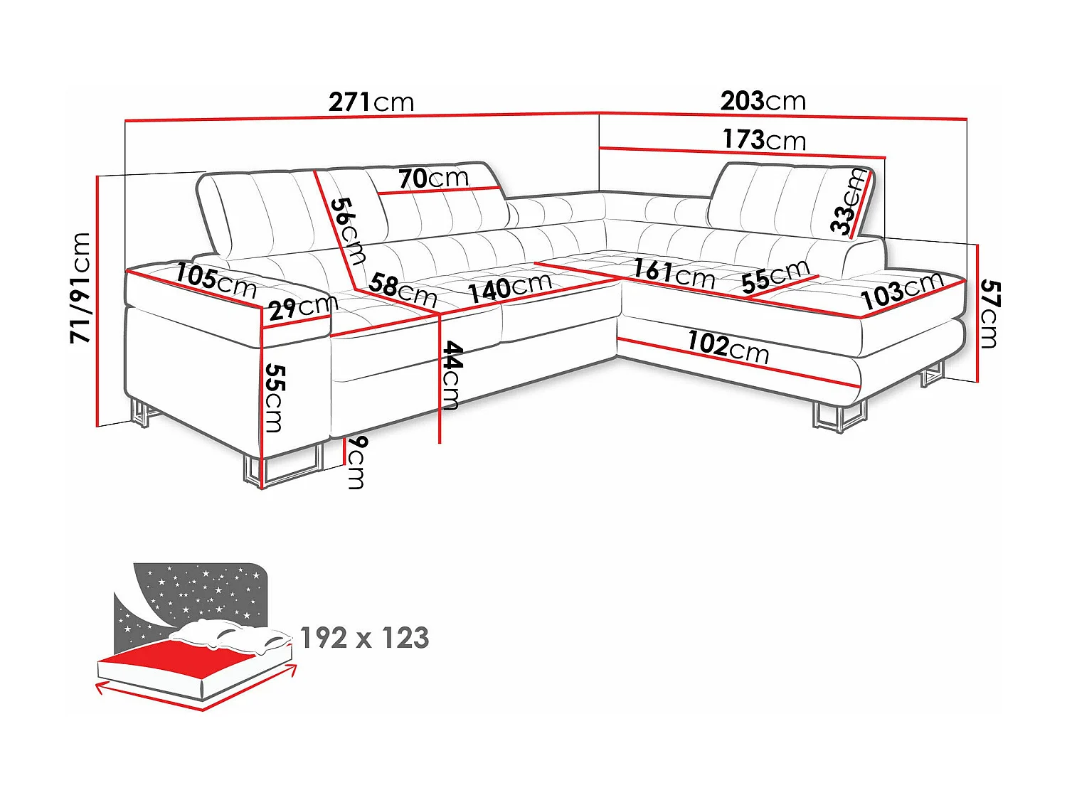 Sofá rinconero Comfivo 232, Azul, Función de descanso, Almacenaje, 271x203x71cm