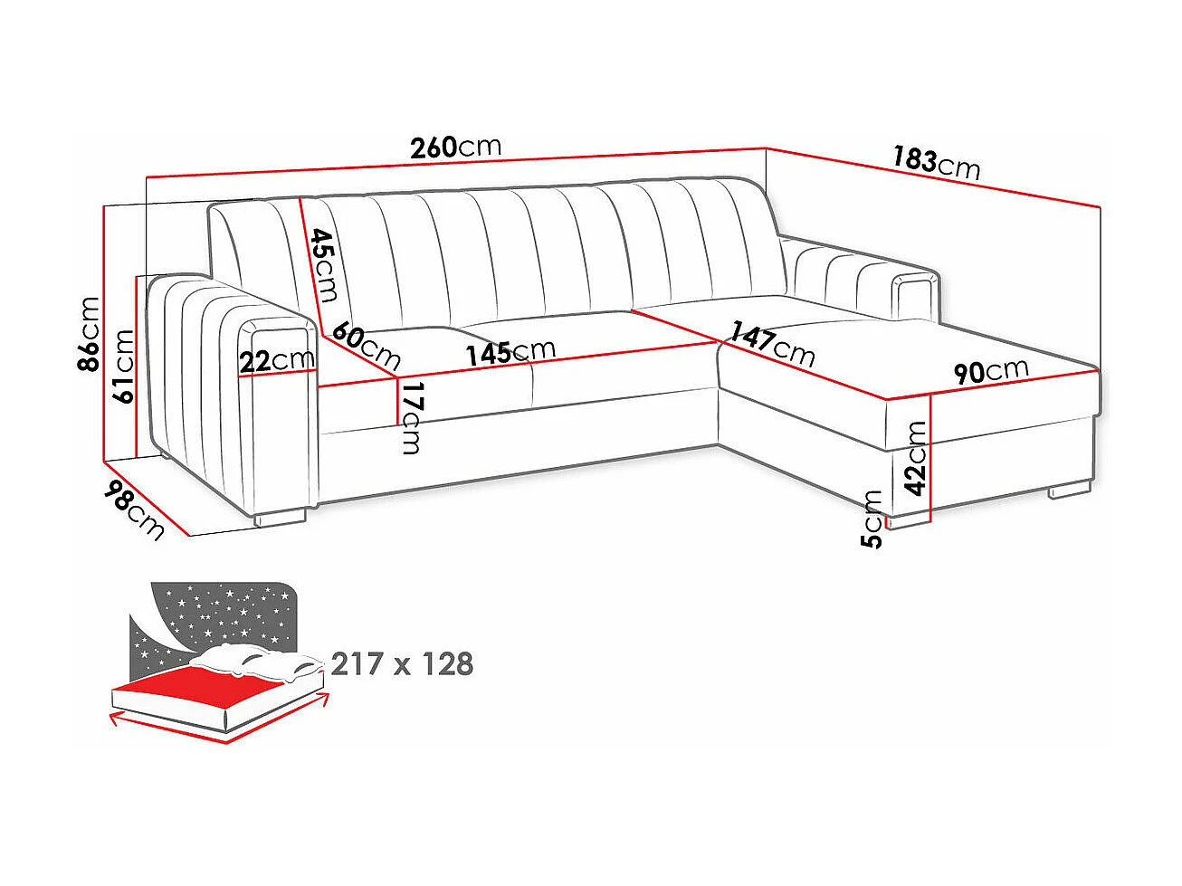 Sofá rinconero Columbus 166, Azul, Función de descanso, Almacenaje, 260x183x86cm