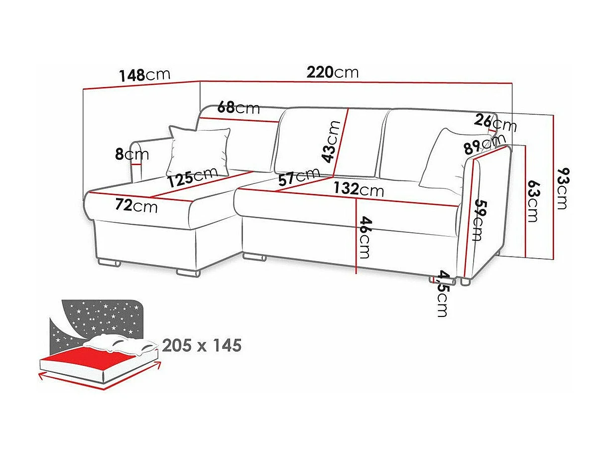 Canapé d'angle Carlsbad 115, Rose, Fonction de couchage, Boîte de literie, 220x148x93cm