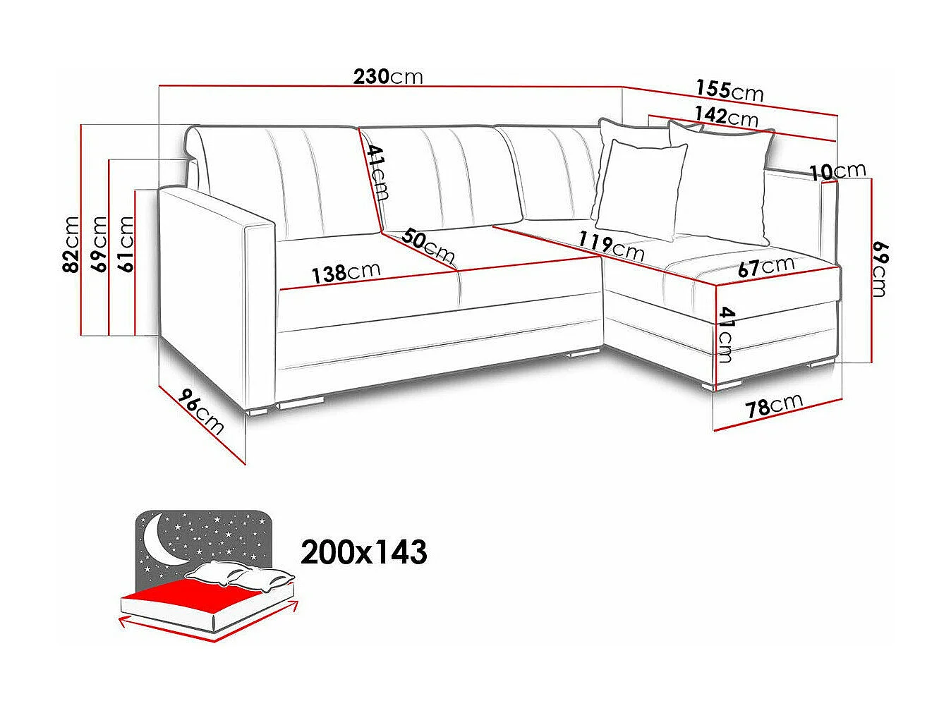 Canapé d'angle Edinburg 100, Gris, Fonction de couchage, Boîte de literie, 230x155x82cm