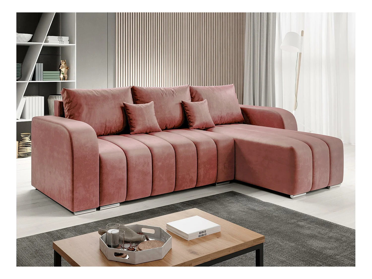 Canapé d'angle Muncie 107, Rose, Fonction de couchage, Boîte de literie, 244x147x86cm