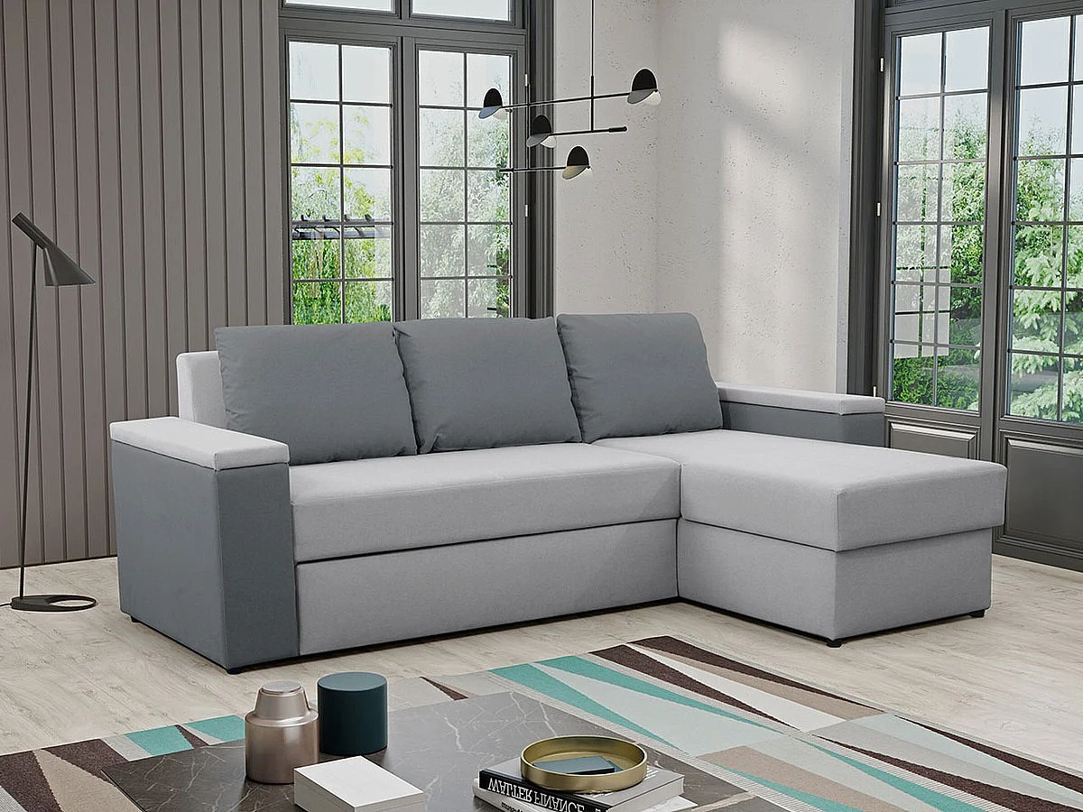 Canapé d'angle Providence 149, Gris, Fonction de couchage, Boîte de literie, 246x156x82cm