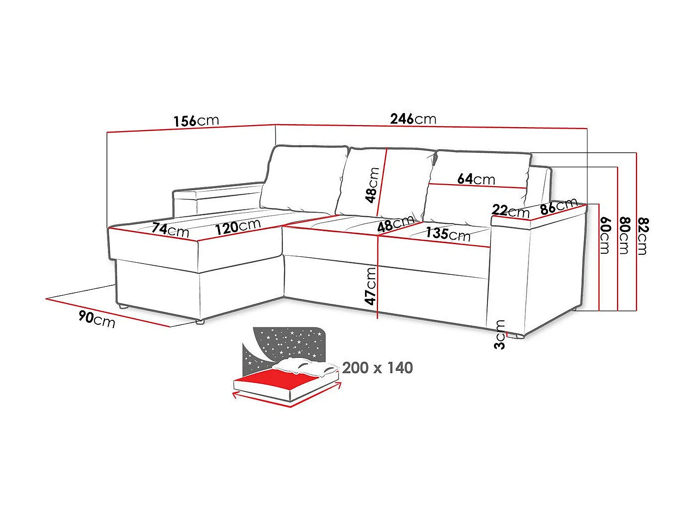 Canapé d'angle Providence 149, Gris, Fonction de couchage, Boîte de literie, 246x156x82cm