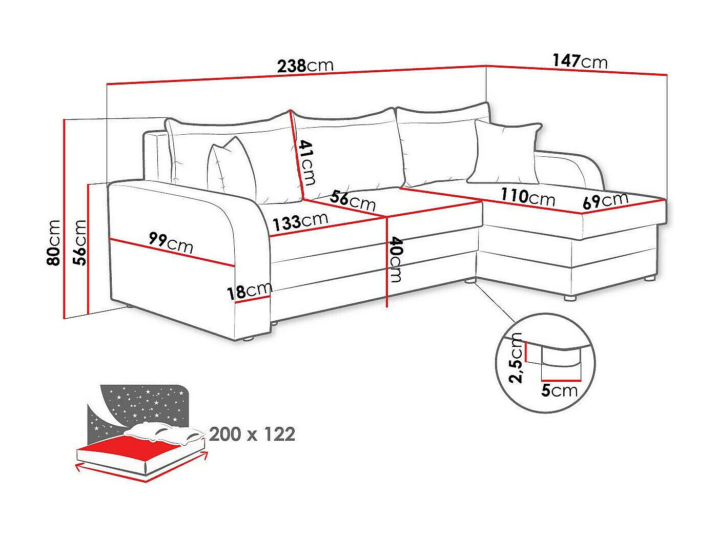 Canapé d'angle Comfivo 203, Rouge, Fonction de couchage, Boîte de literie, 238x147x80cm