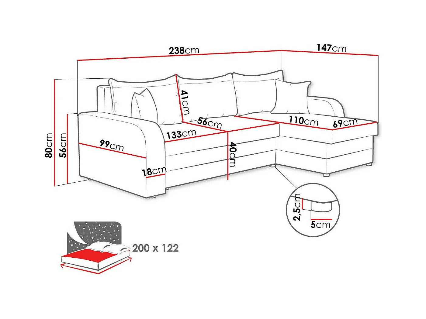 Canapé d'angle Comfivo 203, Rouge, Fonction de couchage, Boîte de literie, 238x147x80cm