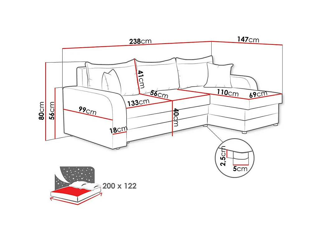 Canapé d'angle Comfivo 203, Rouge, Fonction de couchage, Boîte de literie, 238x147x80cm