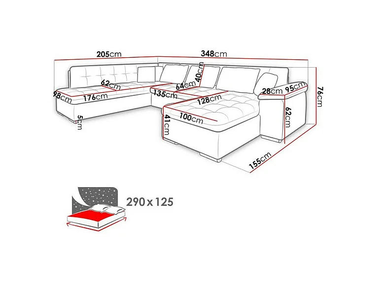 Sofá rinconero Comfivo 180, Gris, Función de descanso, 348x205x76cm