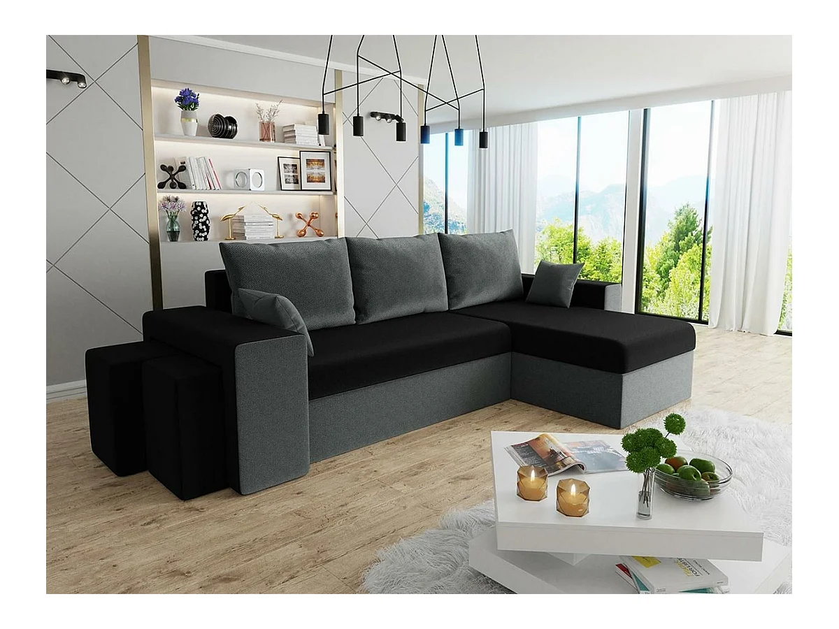 Canapé d'angle Memphis 129, Gris, Fonction de couchage, Boîte de literie, 256x139x80cm